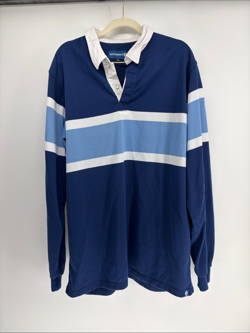 Withernot Men's Navy and Light Blue Rugby Shirt with White Collar 2XL Rubber Btn